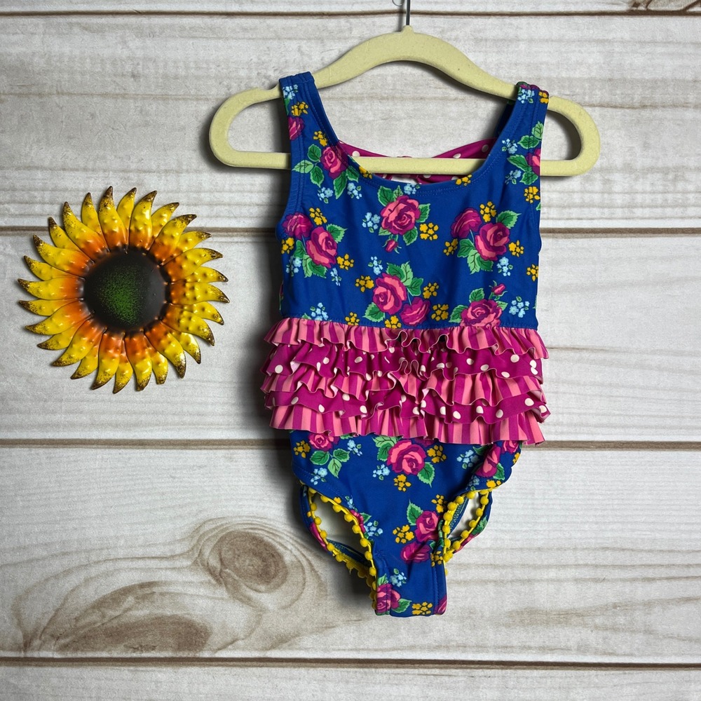 Matilda Jane Girls Swimsuit‎ Size 2 Blue Floral Ruffle Pom Pom Trim One Piece